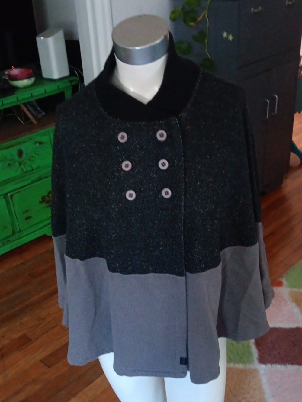 Vans Two-Tone Black and Gray Button-Front Cape Sweater